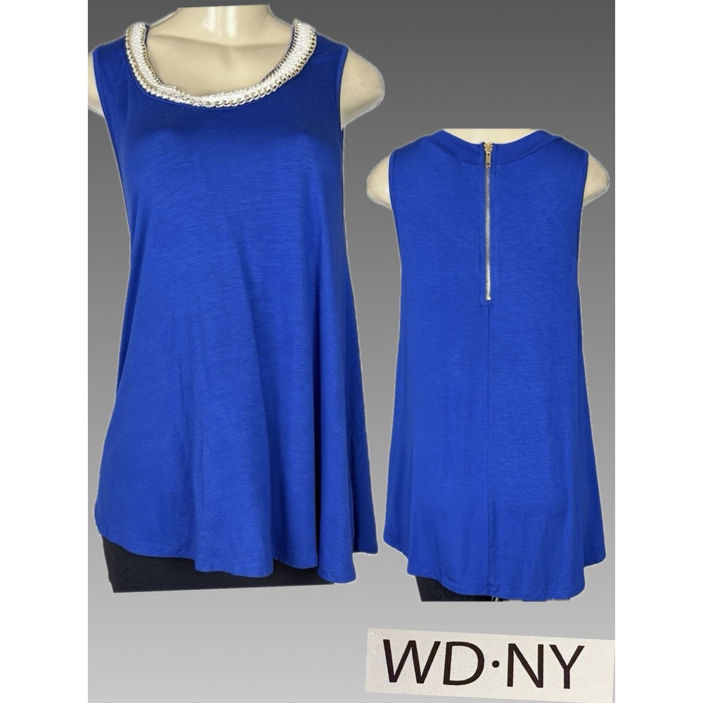 WD·NY L Royal Blue Sleeveless Top Cream Woven Gold Chain Scoop Neck Back Zipper